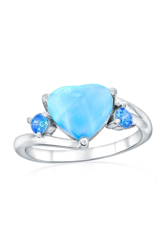 Sterling Silver Natural Larimar Ring - Natural Gemstone Jewelry - Heart Larimar & Round Blue Simulated Diamond CZ Ring for Women-7