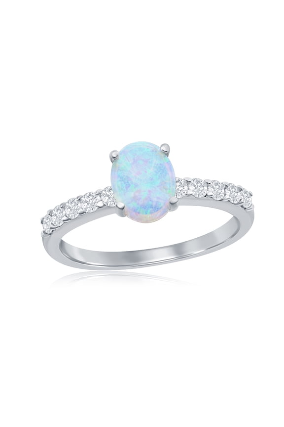 Sterling Silver Oval-Shaped Created White Opal Ring for Women | Simulated White Opal Gemstone Ring | Fine Silver CZ Ring for Women-Size 6