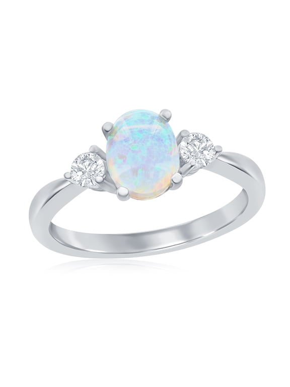 Sterling Silver Oval-Shaped Created White Opal with Two Side Stones Ring for Women | Simulated White Opal Gemstone Ring | Fine Silver CZ Ring for Women-8