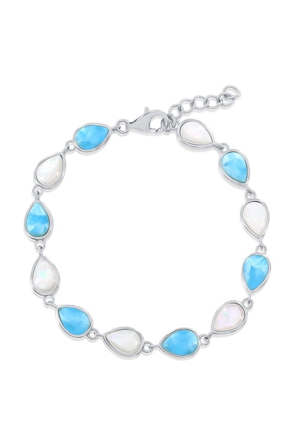 Sterling Silver Pear-Shaped Natural Larimar Bracelet - Natural Gemstone Jewelry - Alternating Mother of Pearl & Larimar 7+1" Link Bracelet for Women