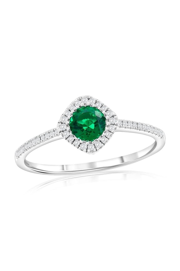 Sterling Silver Round 0.012ct Natural Diamond & Lab Grown 1.41ct Emerald Ring - Fine Engagement Ring for Women-8