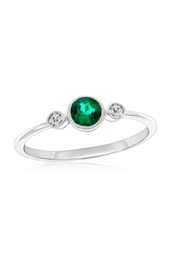 Sterling Silver Round 0.02ct Natural Diamond & Lab Grown 0.24ct Emerald Ring - Fine Engagement Ring for Women-8
