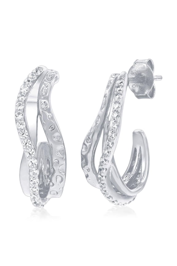 Sterling Silver Simulated Diamond CZ Hoop Earrings for Women - Wavy Design Earrings - Half Hoop Earrings for Her