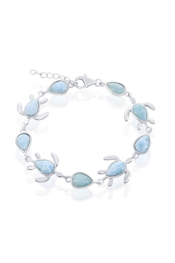 Turtle and Pear-Shaped Natural Larimar 8" Link Bracelet Sterling Silver Jewelry for Women or Teens