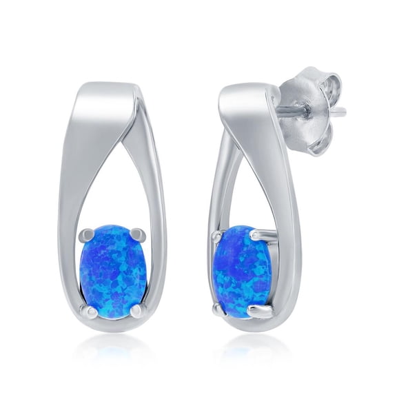 Beaux Bijoux Twisted Oval-Shaped Created Blue Opal Stud Necklace Sterling Silver Jewelry for Women or Teens