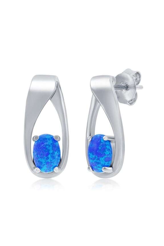 Twisted Oval-Shaped Created Blue Opal Stud Necklace Sterling Silver Jewelry for Women or Teens