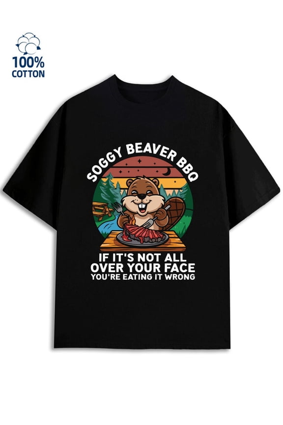 Beaver BBQ Tee men funny humor 180G 100% Cotton black y2k sixty years old Funny Unisex Shirt Graphic tshirts Unique Design Unisex Shirt Printed tshirts Basic Unisex Shirt Short Sleeve tshirts