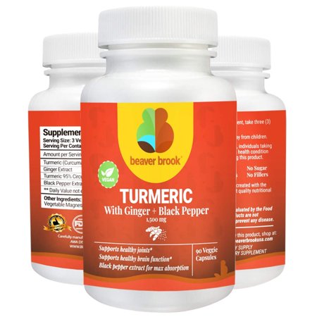 Beaver Brook Turmeric Curcumin, Ginger Root & Black Pepper Extract 1500 mg Supports Healthy Bones, All Natural, Non-GMO & Gluten Free - 90 Capsules, 1 Month Supply