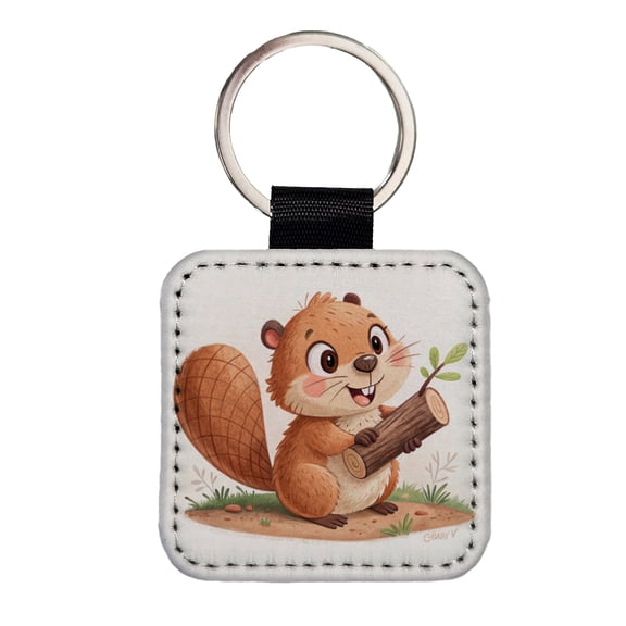 Beaver Children's Illustration Style Faux Leather Square Keychain