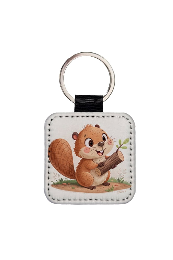 Beaver Children's Illustration Style Faux Leather Square Keychain