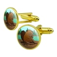 thumbnail image 1 of Beaver Chomping Wood Round Cufflink Set Gold Color, 1 of 5