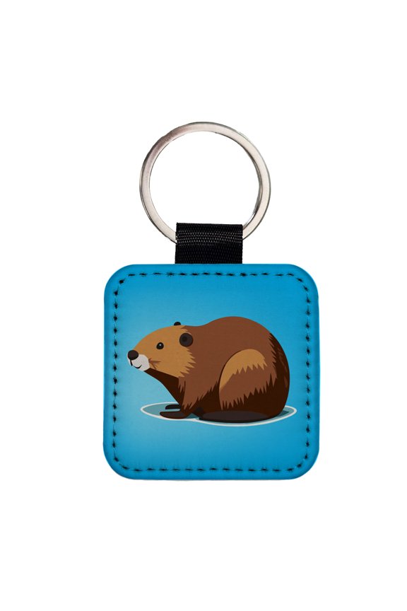 Beaver Cute Profile Faux Leather Square Keychain