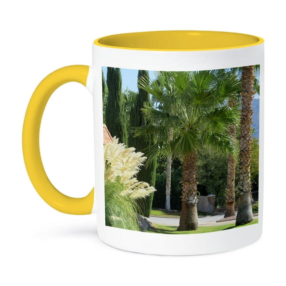 3drose, Beaver Dam Palm Trees in Arizona with Pampas Grass, 11oz Two-tone Yellow Mug