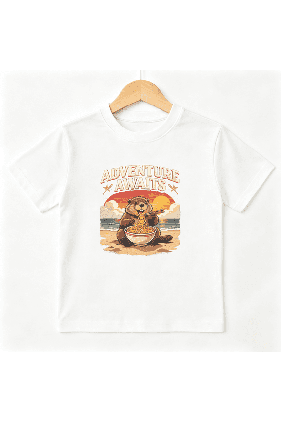 Beaver Eat Ramen Beach Adventure Boys Graphic Tee Retro Outdoor Summer Camping Art 100% Cotton Kids Short Sleeve T-Shirt