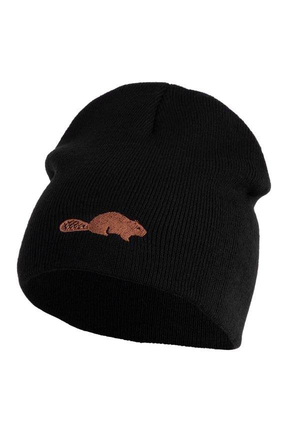 Beaver Embroidered 8 Inch Knitted Short Beanie - Black OSFM