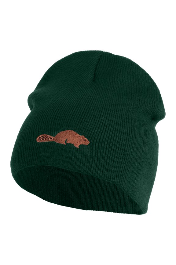 Beaver Embroidered 8 Inch Knitted Short Beanie - Dark Green OSFM