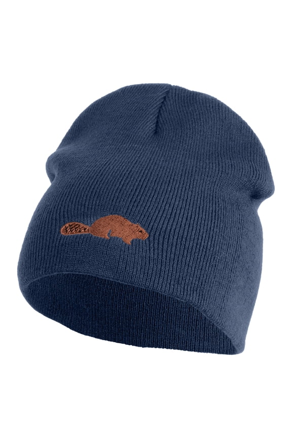Beaver Embroidered 8 Inch Knitted Short Beanie - Navy OSFM