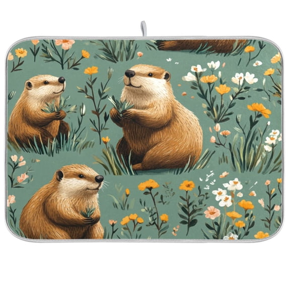 Beaver Floral Pattern Dish Drying Mat Absorbent Microfiber Large Drying Mat for Kitchen Countertop Protector