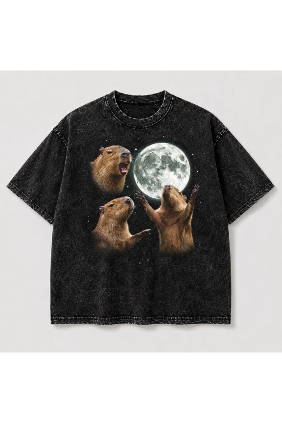 Beaver Moon Graphic Washed T-Shirt, Unisex Heavyweight Mineral Wash Cotton Tee