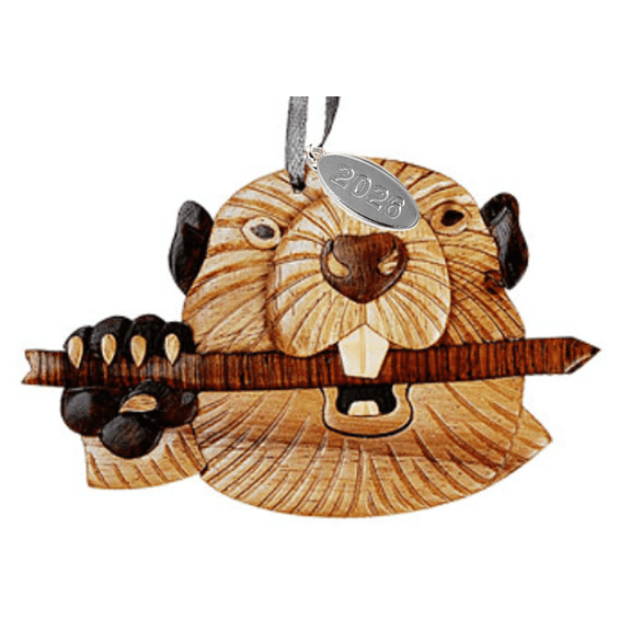 2026 Beaver Ornament Two-Tone Wood Christmas Ornament - Handcrafted Wood Intarsia Design - Comes in A Gift Box
