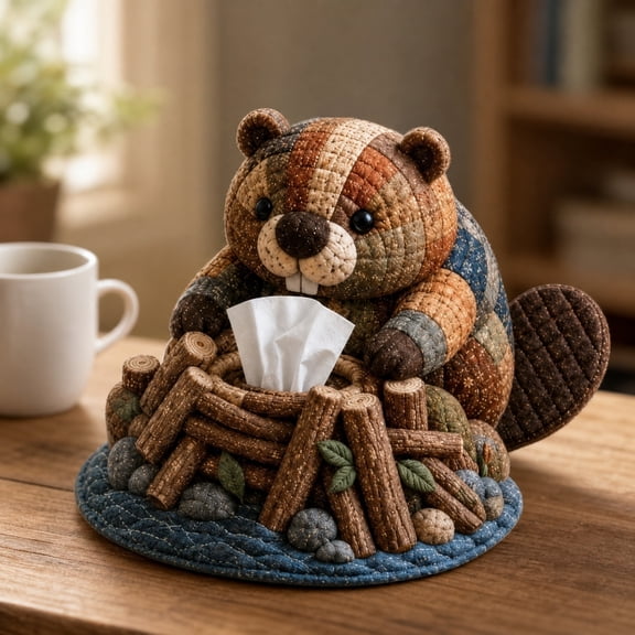 Beaver Patchwork Tissue Box Cover DIY Kit Cute Animal Quilted Sewing Craft with Pre Cut Pieces for Adults and Beginners Handmade Home Decor