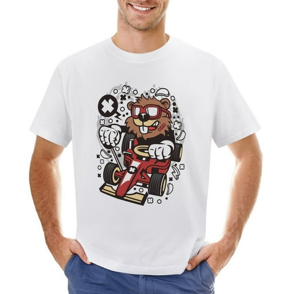 Beaver Racer 2 Vintage T-shirt Mens Cotton Classic Crewneck Short Sleeve Tees Unisex White XS