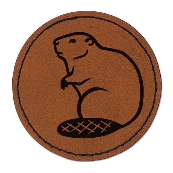 Beaver Sitting 2.5" Faux Leather Round Engraved Iron-On Patch - Brown