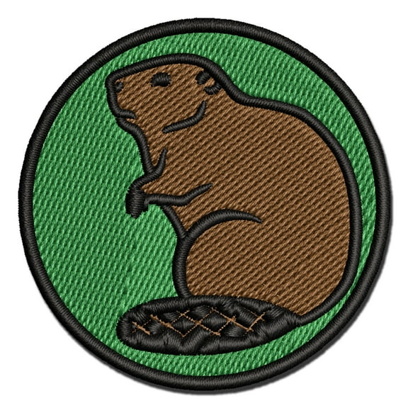 Beaver Sitting Applique Multi-Color Embroidered Iron-On Patch - 2.0 Inch Mini