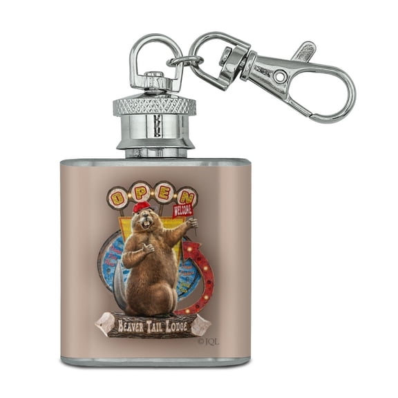 Beaver Tail Lodge Open Cabin Welcome Stainless Steel 1oz Mini Flask Key Chain