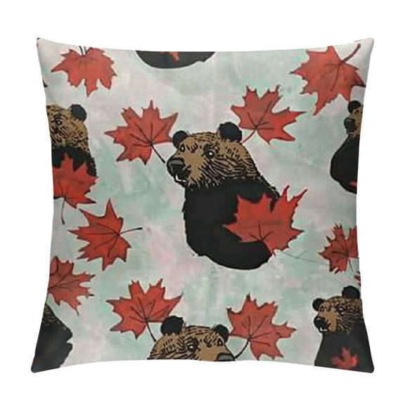 Beaver Throw Pillow Cushion Cover, Repetitive Pattern of Heads on The Background of Maple Leaves Canadian Traits, Decorative Square Accent Pillow Case,Chocolate Coral