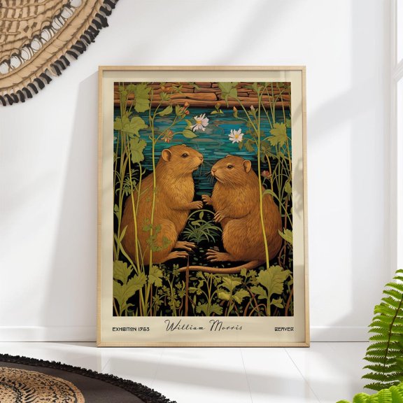 Beaver Woodland Animal Botanical Arts Crafts Textile Pattern, Unframed Poster