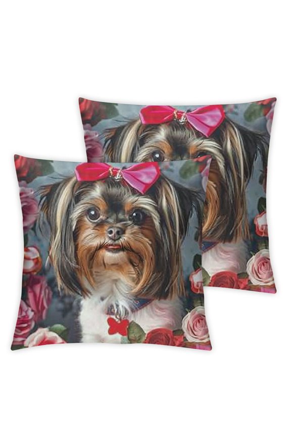 Beaver York Terrier and Pink Roses Velvet Oblong Lumbar Plush Throw Pillow Cover/Shams Cushion Case with Zipper " for Couch Sofa Pillowcase Only