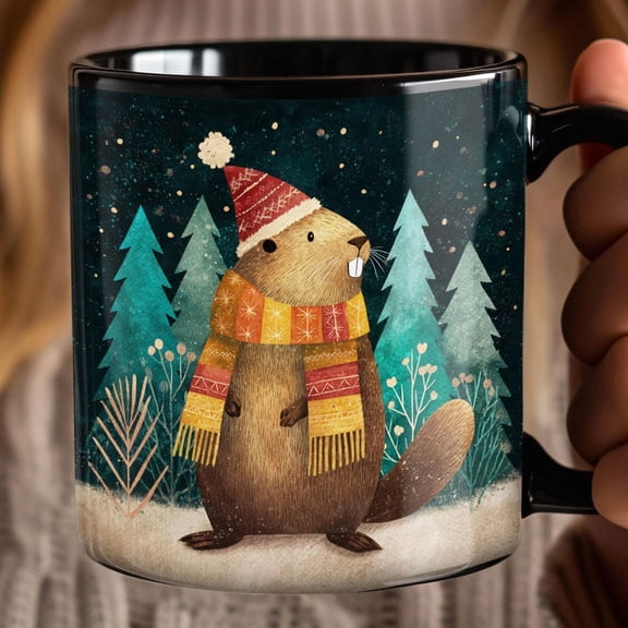 Beaver in the Christmas Forest Mug | Black Ceramic Coffee Cup