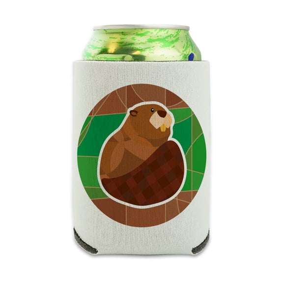 Beaver with Plaid Tail Can Cooler - Drink Sleeve Hugger Collapsible Insulator - Beverage Insulated Holder