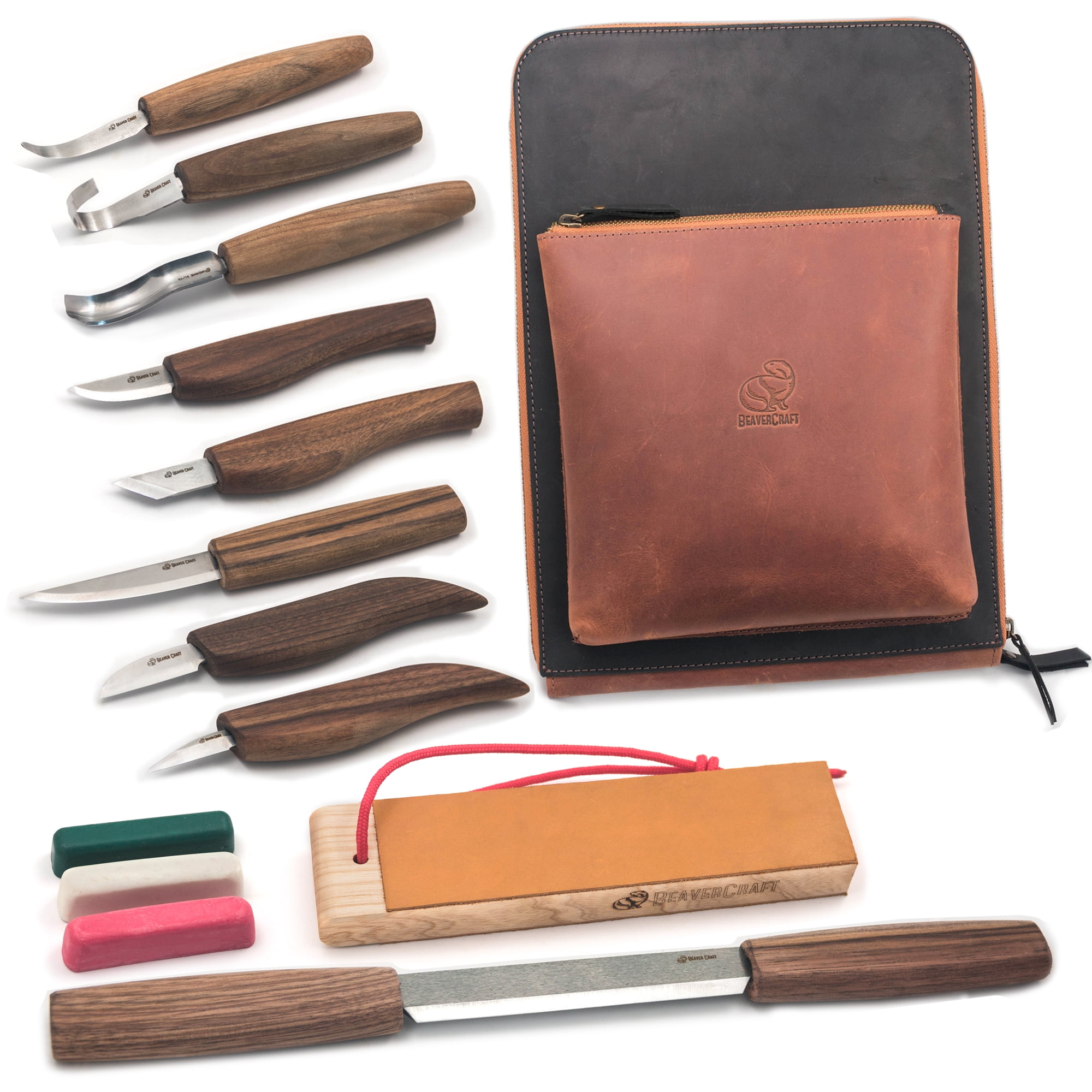 BeaverCraft, Deluxe Wood Carving Kit S50X - Wood Carving Tools Wood Carving  Set - Spoon Wood Carving Knives Tools Set - Whittling Kit Knife Woodworking  Kit for Beginner and Profi (Brown) 