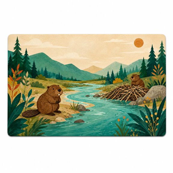 Beavers by the Creek Boho Rectangle Rug for Nursery, Playful Style