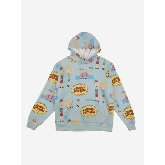 Beavis & Butt-Head Repeat Characters & Logo Long Sleeve Blue Hooded Sweatshirt-XL