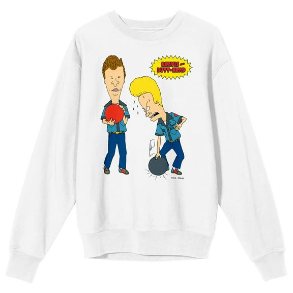 Beavis & Butthead Bowling Ball Men's White Crew Neck Long Sleeve Sweatshirt-3XL