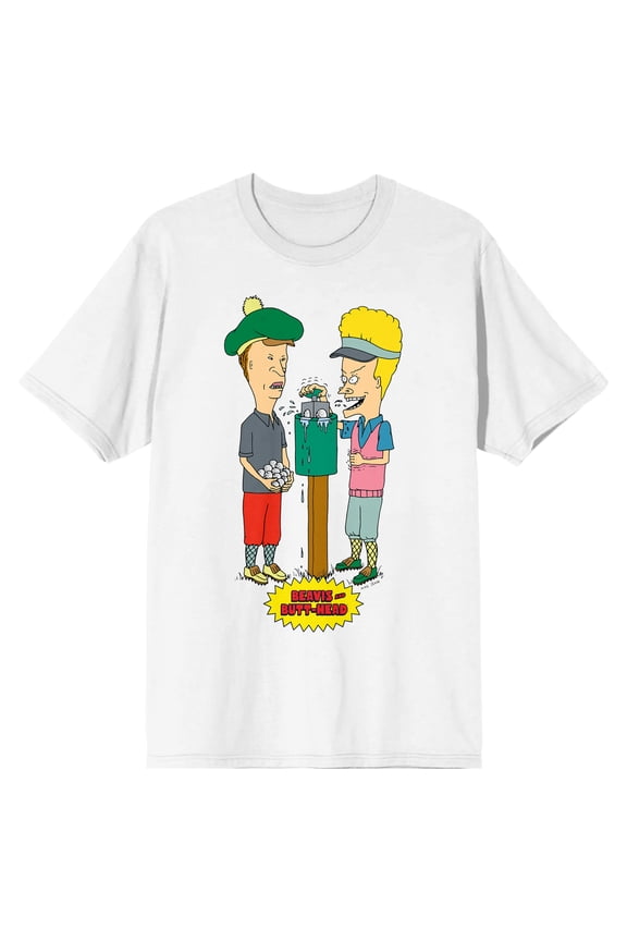 Beavis & Butthead Characters In Golf Gear Crew Neck Short Sleeve Men's White T-shirt-Large
