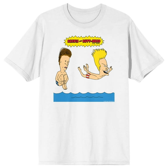 Beavis & Butthead Swimming On The Sea Adult White Crew Neck Short Sleeve T-shirt-Small