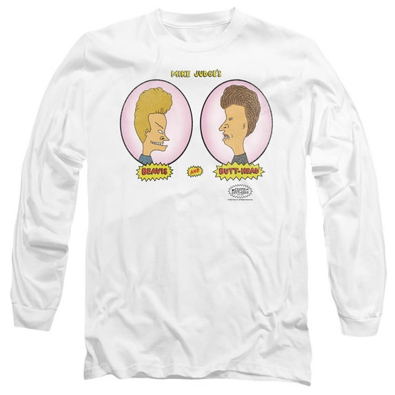Beavis and Butthead Heads in Ovals Unisex Adult Long-Sleeve T Shirt (2X-Large) White