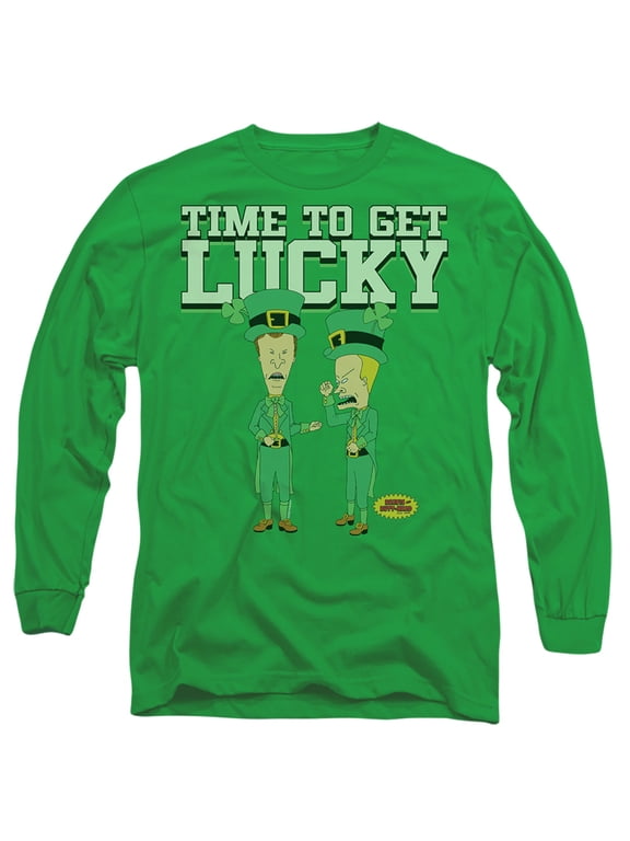 Beavis and Butthead St. Patrick's Day Getting Lucky Unisex Adult Long-Sleeve T Shirt (Large) Kelly Green