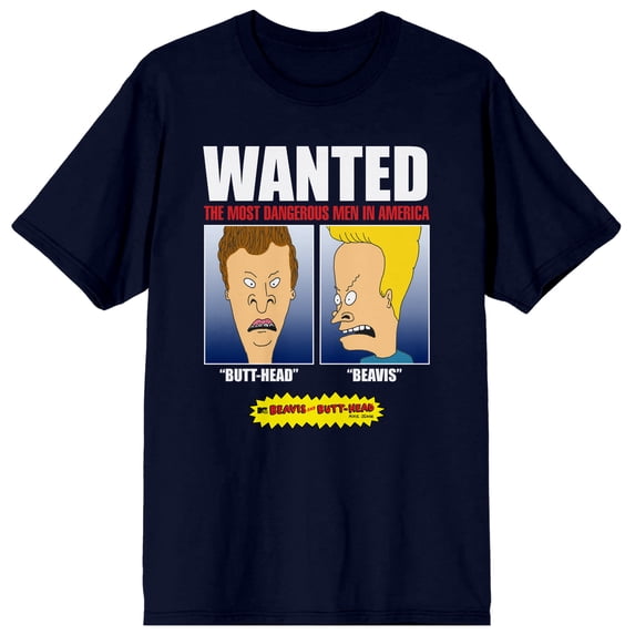 Beavis and Butthead Wanted Poster MTV Cartoon Mens Navy Graphic Tee Shirt-XX-Large