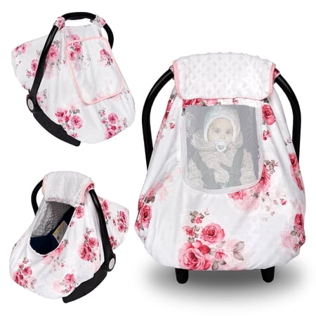 Beavtaens 3-in-1 Baby Car Seat Cover, Infant Carseat Canopy, Soft & Breathable, Pink
