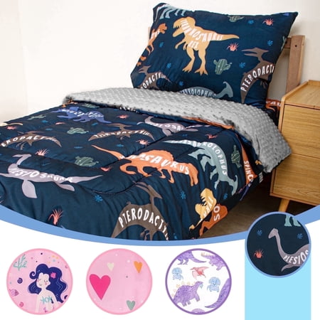 Beavtaens Toddler Bedding Set, 4 Piece Bed in a Bag Toddler Comforter Set, Soft and Airy, Machine Washable and Durable, Suitable for Most Seasons (Blue Dinosaur)