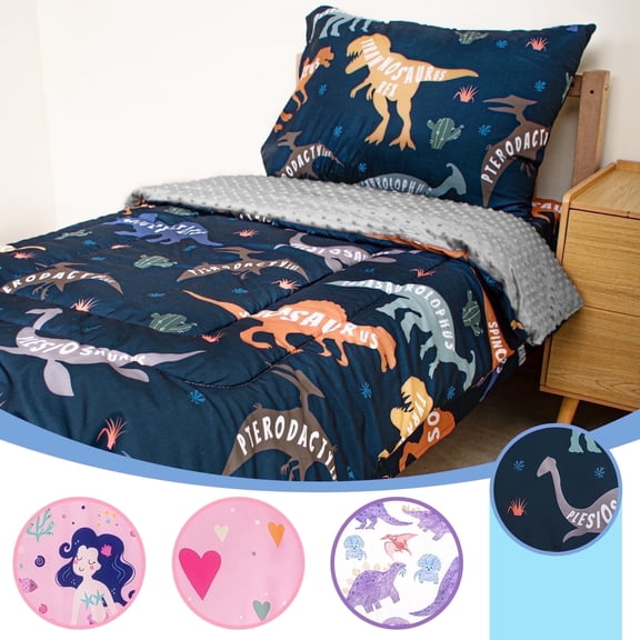 Beavtaens 4 Piece Toddler Bedding Set, Breathable and Soft Baby Sheet Set, Includes Quilted Comforter, Flat Sheet, Fitted Sheet and Pillowcase for Boys (Blue Dinosaur)