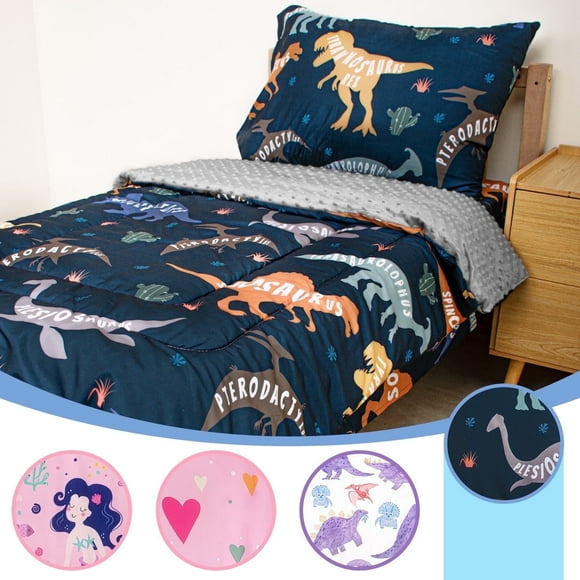 Beavtaens 4 Piece Toddler Bedding Set, Breathable and Soft Baby Sheet Set, Includes Quilted Comforter, Flat Sheet, Fitted Sheet and Pillowcase for Boys (Blue Dinosaur)