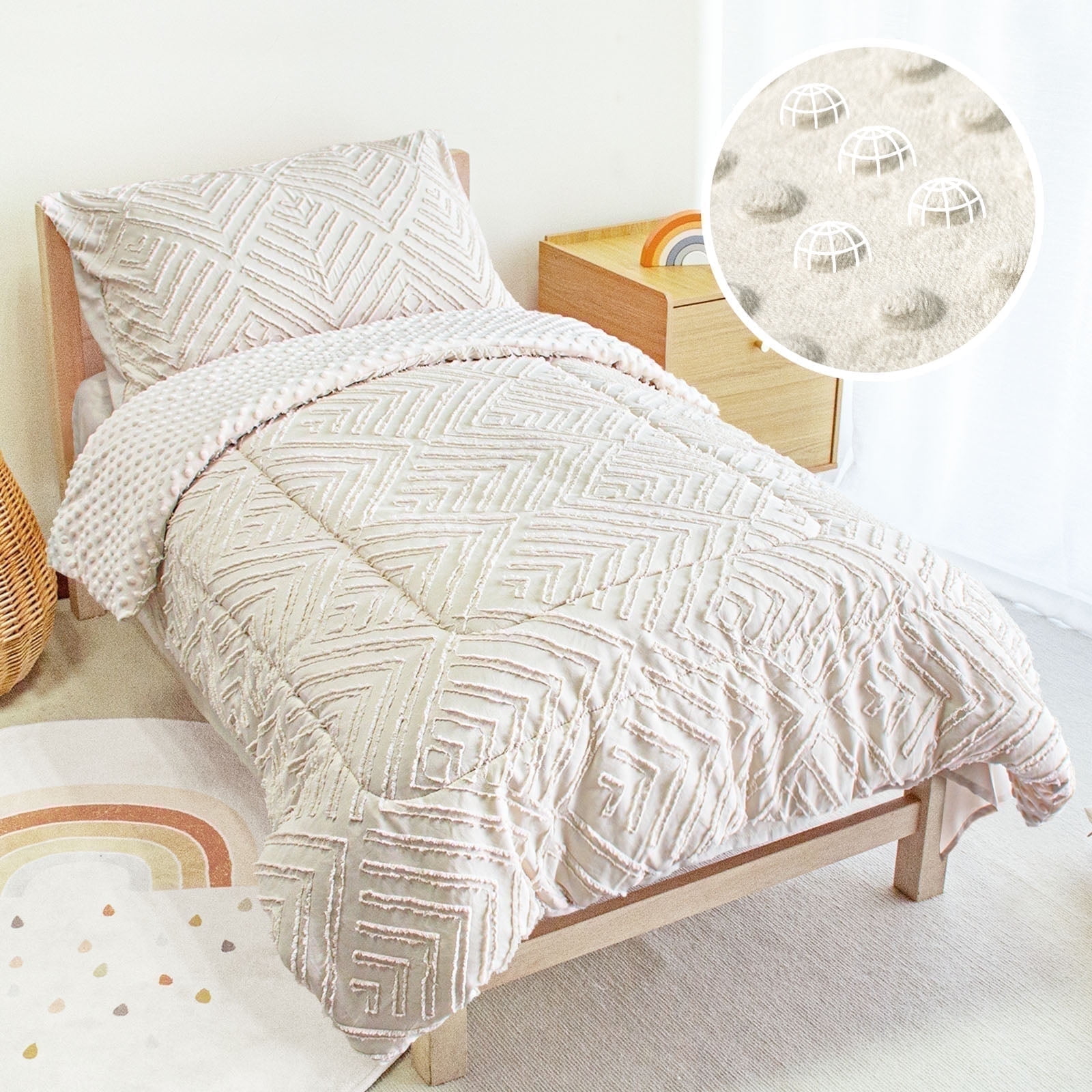 Beavtaens 4 Piece Toddler Bedding Set, Breathable and Soft Baby Sheet Set, Includes Quilted Comforter, Flat Sheet, Fitted Sheet and Pillowcase for Boys and Girls (White)