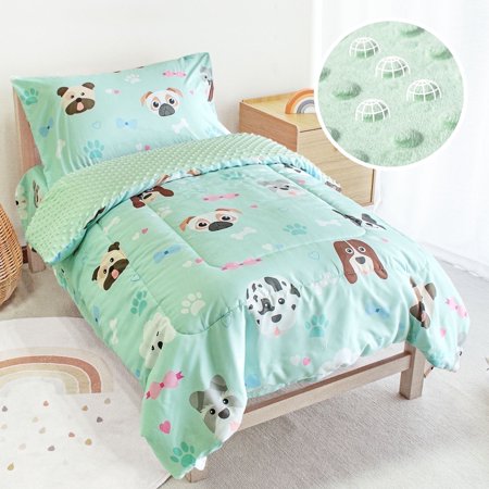Beavtaens 4 Piece Toddler Bedding Set, Breathable and Soft Baby Sheet Set, Includes Quilted Comforter, Flat Sheet, Fitted Sheet and Pillowcase for Girls (Green Puppies)