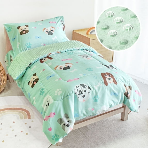 Beavtaens 4 Piece Toddler Bedding Set, Breathable and Soft Baby Sheet Set, Includes Quilted Comforter, Flat Sheet, Fitted Sheet and Pillowcase for Girls (Green Puppies)